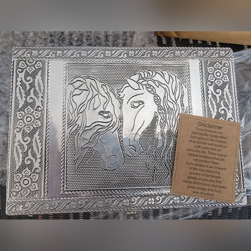Hand Crafted Aluminum Over Teak Wood Oxidized  Horse Embossed Jewelry Box